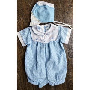 Vintage Alexis Baby Boy's Romper And Bonnet Set Seersucker Blue Sz. 6 Months